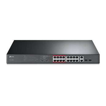 TP-Link TL-SL1218MP: 16-Port PoE+ switch with two Gigabit RJ45 ports and two combo Gigabit SFP slots in a rackmount design.