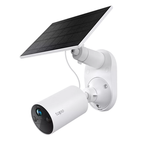 TP-Link Tapo TC82 KIT solar security camera with panel, providing continuous power for outdoor surveillance and customizable light & sound alarms.