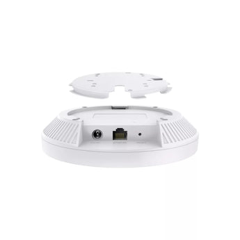 TP-Link Omada BE3600 (TP-EAP723) ceiling mount WiFi 7 access point. White, round design with a 2.5GbE port for high-speed wireless networks.