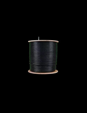 500m roll of black CAT5 UV-protected Ethernet cable. Solid copper SF/TP construction designed for outdoor use.
