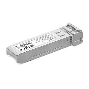 TP-Link TL-SM5110-LR, a 10GBase-LR SFP+ transceiver with LC connector, enabling 10G Ethernet over single-mode fiber up to 10km.