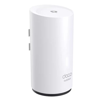 TP-Link Deco X50-Outdoor: White, weather-resistant mesh WiFi 6 unit with dual Gigabit PoE ports for indoor/outdoor whole home coverage.
