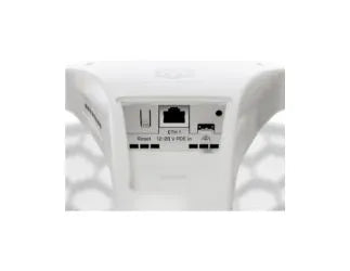 MikroTik LHG XL AX 5GHz PtP CPE with 27dBi antenna, mounted for long-range wireless connections, ideal for outdoor use and WISP setups.