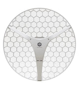 MikroTik LHG XL AX 5GHz PtP CPE with 27dBi antenna, mounted for long-range wireless connections, ideal for outdoor use and WISP setups.