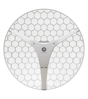 MikroTik LHG XL AX 5GHz PtP CPE with 27dBi antenna, mounted for long-range wireless connections, ideal for outdoor use and WISP setups.