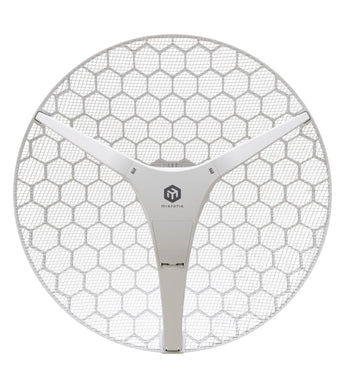 MikroTik LHG XL AX 5GHz PtP CPE with 27dBi antenna, mounted for long-range wireless connections, ideal for outdoor use and WISP setups.