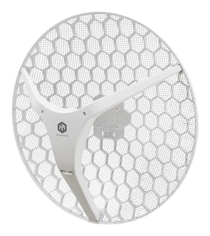 MikroTik LHG XL AX 5GHz PtP CPE with 27dBi antenna, mounted for long-range wireless connections, ideal for outdoor use and WISP setups.