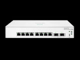 HPE Instant On 1830 switch, 8 Gigabit ports, 4 PoE+ ports providing 65W power, fanless design, cloud-managed, ARU-IO-SW18308G.