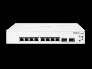 HPE Instant On 1830 switch, 8 Gigabit ports, 4 PoE+ ports providing 65W power, fanless design, cloud-managed, ARU-IO-SW18308G.