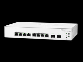 HPE Instant On 1830 switch, 8 Gigabit ports, 4 PoE+ ports providing 65W power, fanless design, cloud-managed, ARU-IO-SW18308G.