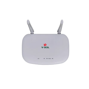 VSOL V2801RGW WiFi 4 xPON ONU/ONT. White casing, single GE port, providing both EPON and GPON fiber network connectivity.