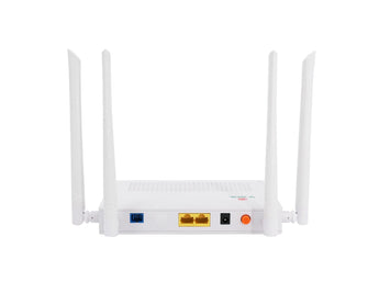 VSOL V2802DAC WiFi 5 xPON ONU/ONT. White device with 2 GE ports and WiFi 5 antenna for high-speed fiber optic network connectivity.