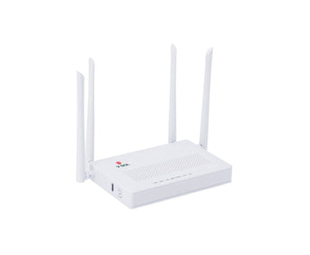 VSOL V2804AC-Z xPON ONU/ONT. White casing, 4 GE ports, WiFi 5, and USB. Provides high-speed internet, voice, and video connectivity.