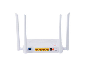 VSOL V2804AC-Z xPON ONU/ONT. White casing, 4 GE ports, WiFi 5, and USB. Provides high-speed internet, voice, and video connectivity.