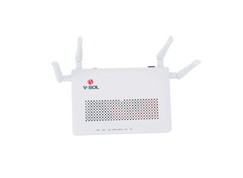 VSOL V2804AC-Z xPON ONU/ONT. White casing, 4 GE ports, WiFi 5, and USB. Provides high-speed internet, voice, and video connectivity.