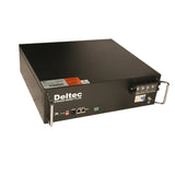 Deltec 51.2V 100Ah 3U rack-mounted Li-ion battery for solar and backup power. Silver casing with front-mounted terminals and LED indicators.