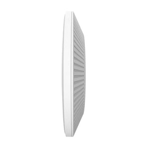 TP-Link EAP783 Wi-Fi 7 access point. Ceiling mount, tri-band: 6 GHz, 5 GHz, and 2.4 GHz. Features two 10G ports for high-speed networking.