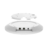 TP-Link EAP783 Wi-Fi 7 access point. Ceiling mount, tri-band: 6 GHz, 5 GHz, and 2.4 GHz. Features two 10G ports for high-speed networking.