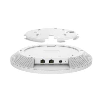 TP-Link EAP783 Wi-Fi 7 access point. Ceiling mount, tri-band: 6 GHz, 5 GHz, and 2.4 GHz. Features two 10G ports for high-speed networking.