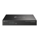 TP-Link VIGI NVR1008H-8P: 8-channel network video recorder with 8 PoE+ ports, displaying front panel with ports and indicators.