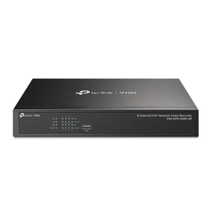 TP-Link VIGI NVR1008H-8P: 8-channel network video recorder with 8 PoE+ ports, displaying front panel with ports and indicators.
