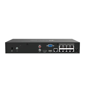 TP-Link VIGI NVR1008H-8P: 8-channel network video recorder with 8 PoE+ ports, displaying front panel with ports and indicators.