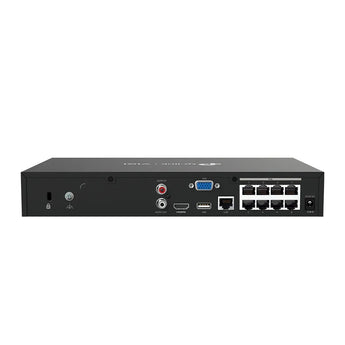 TP-Link VIGI NVR1008H-8P: 8-channel network video recorder with 8 PoE+ ports, displaying front panel with ports and indicators.