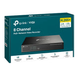 TP-Link VIGI NVR1008H-8P: 8-channel network video recorder with 8 PoE+ ports, displaying front panel with ports and indicators.