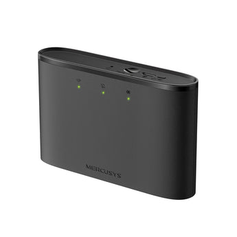 Mercusys MT110 4G LTE Mobile Wi-Fi Hotspot providing portable internet access. Small, black device with Mercusys logo.