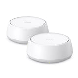 TP-Link Deco BE25 Wi-Fi 7 mesh system, two white cylindrical units, providing fast, reliable whole-home wireless internet coverage.