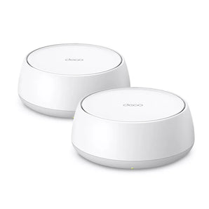 TP-Link Deco BE25 Wi-Fi 7 mesh system, two white cylindrical units, providing fast, reliable whole-home wireless internet coverage.