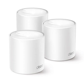 TP-Link Deco AX1500 mesh router system, 3 white units, providing whole-home Wi-Fi 6 coverage for improved wireless performance.