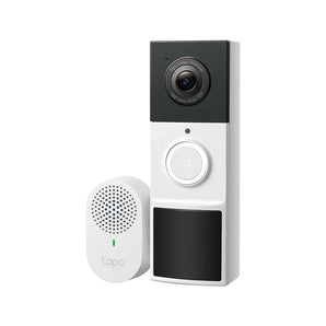 TP-Link Tapo D210 video doorbell showing a person at the door, with chime visible. Captures 2K video with a wide 160-degree view.