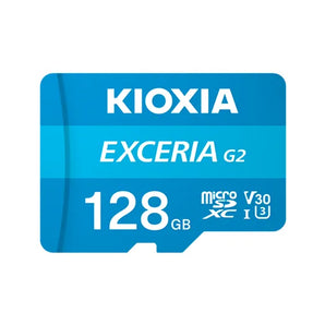 Kioxia 128GB Micro SDHC memory card. Black with white lettering. Used for expanding storage in phones, cameras, and other devices.