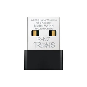 Mercusys AX300 Nano Wi-Fi USB Adapter (MRC-MA14N). A small, black USB adapter for upgrading devices to faster AX WiFi speeds.