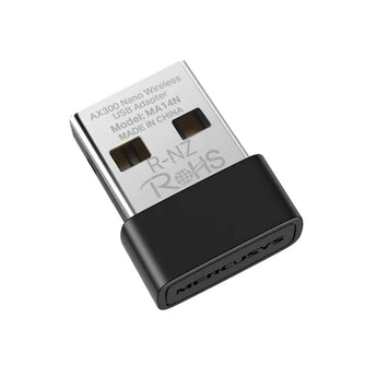 Mercusys AX300 Nano Wi-Fi USB Adapter (MRC-MA14N). A small, black USB adapter for upgrading devices to faster AX WiFi speeds.