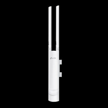 TP-Link Omada EAP110-Outdoor: A white, pole-mountable access point with dual antennas for extended wireless coverage.