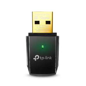 TP-Link Archer T2U: A compact, dual-band AC600 Wi-Fi USB adapter. Enhances desktop or laptop wireless connectivity. Black and silver design.