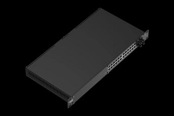 Teltonika SWM282: 24-Port L2 managed switch with PoE+ and SFP ports in a durable, DIN rail mountable industrial chassis.