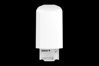 Teltonika OTD140 outdoor 4G LTE router with dual SIM slots and PoE, encased in a rugged IP55-rated housing for weather protection.