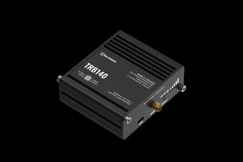Teltonika TRB140 4G IoT Gateway, a compact industrial device for reliable wireless connectivity, mounted on a DIN rail.