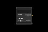 Teltonika TRB140 4G IoT Gateway, a compact industrial device for reliable wireless connectivity, mounted on a DIN rail.