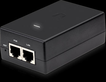 Ubiquiti Gigabit 24V 24W PoE Adapter (POE-24-24W-G) with Gigabit Ethernet port, used to power Ubiquiti access points and routers.