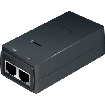 Ubiquiti 10/100 PoE adapter with a 24V 24W output, model POE-24-24W, used to power Ubiquiti access points and routers.