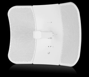 Ubiquiti LiteBeam 5AC Long-Range radio with 26dBi antenna gain, POE injector included, designed for long-distance wireless ISP connections.
