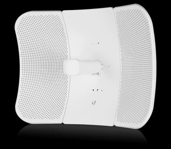 Ubiquiti LiteBeam 5AC Long-Range radio with 26dBi antenna gain, POE injector included, designed for long-distance wireless ISP connections.