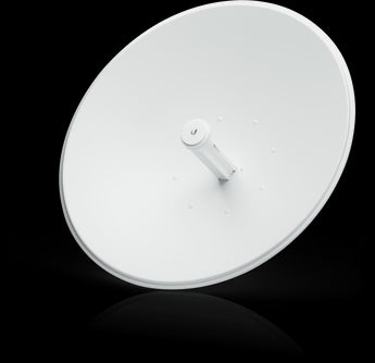 Ubiquiti PowerBeam 5AC 620, a 5GHz radio with a dish reflector and PoE injector for long-range wireless connections.