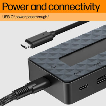 HP Universal USB-C Hub and Laptop Charger Combo with 7 ports for power and data.