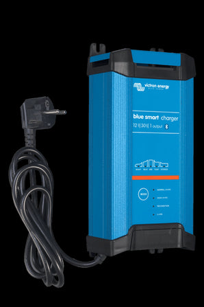 Victron Blue Smart IP22 Charger 12/30 with DC connector, a professional battery charger featuring built-in Bluetooth connectivity.