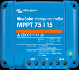 Victron BlueSolar MPPT 100/15 charge controller, regulates solar panel power to charge 12V or 24V batteries at 15A current.